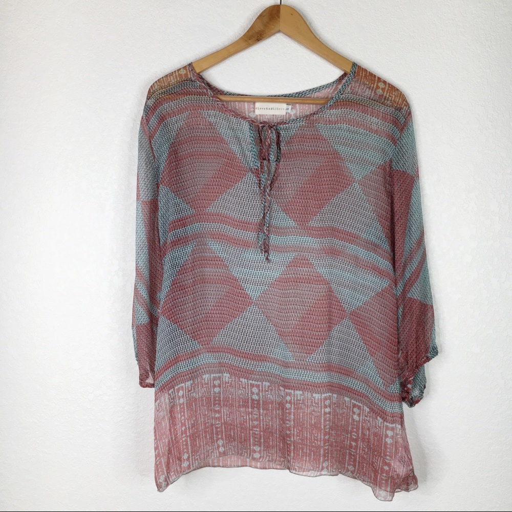 4 Love And Liberty Red & Blue Silk Sheer Blouse
